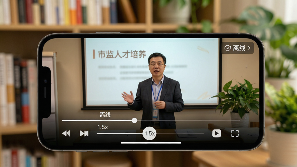 主体:手机播放“市监人才培养”课程视频,屏幕下方有倍速播放控制条,显示“1.5x”字样。布局:手机横屏展示,背景为书架与绿植。排版:播放界面简洁,控制按钮清晰。风格:温馨学习场景,暖色调。细节:视频内容为讲师授课画面,右上角有“离线”图标。画质:高清,干净,无多余元素。