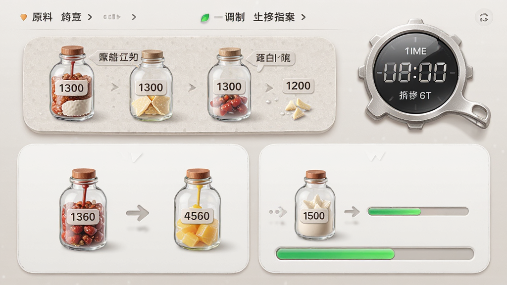 主体:调一杯应用操作界面,显示调制步骤与计时器,布局:上方为原料列表,下方为步骤动画,排版:左右分栏,风格:拟物化设计,细节:原料瓶标注用量,步骤有进度条,画质:高清,干净,无多余元素