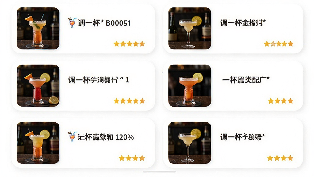 主体:调一杯应用界面展示多款鸡尾酒配方列表,布局:列表式排列,每行显示酒名、小图和评分,排版:卡片式布局,圆角设计,风格:清新明亮,细节:每张卡片上印有“调一杯”logo,画质:高清,干净,无多余元素