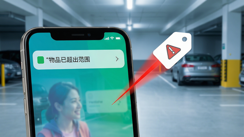 一张展示iHere分离提醒功能的示意图,手机屏幕弹出一条通知,显示“物品已超出范围”,背景是一个停车场,远处有一辆汽车,Tag图标从手机屏幕上飞出,带有红色警告线,整体风格现代,色彩鲜明,画质干净,无多余元素