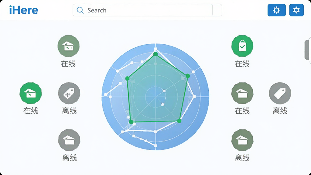 一张展示iHere软件主界面的高清截图,界面中央显示一个圆形雷达图,周围分布着多个物品标签图标,绿色表示在线,灰色表示离线,顶部有搜索框和设置按钮,整体风格简约现代,蓝白配色,画质干净,无多余元素