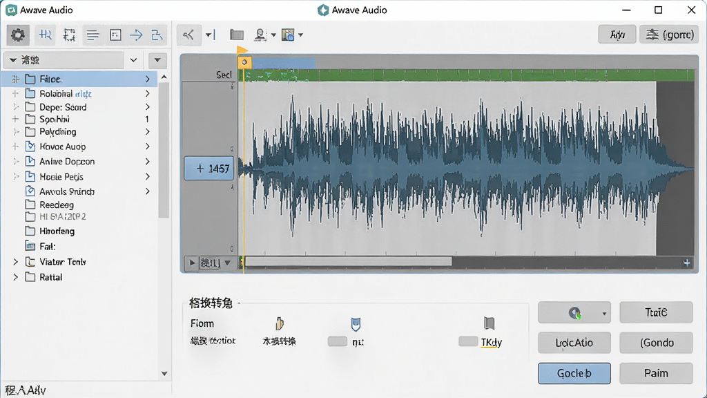 主体:Awave Audio软件界面截图,展示主窗口、音频波形编辑区域和格式转换选项,布局:界面布局清晰,左侧为文件列表,右侧为波形显示和功能按钮,排版:整洁有序,功能分区明确,风格:现代简约,细节:高分辨率,清晰的文字标签,画质:高清,干净,无多余元素