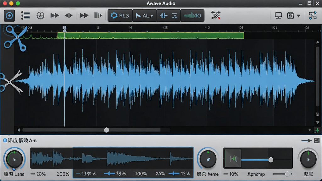 主体:Awave Audio的音频编辑界面,展示波形图上的剪切和音效处理操作,布局:中央为波形显示区域,上方为工具栏,下方为音效参数调节面板,排版:直观易用,风格:科技感,细节:波形清晰,工具栏图标明显,画质:高清,干净,无多余元素
