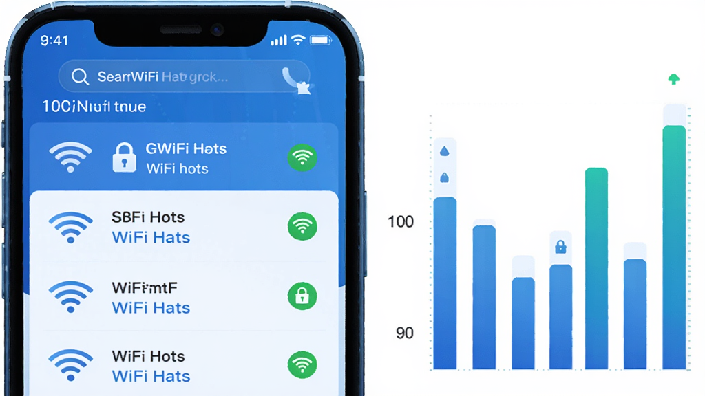 主体:GGWiFi共享软件扫描WiFi信号场景,布局:手机屏幕显示多个WiFi热点列表,右侧显示信号强度柱状图,排版:列表从上到下依次排列,顶部为搜索动画,风格:科技感插画,蓝色调,细节:WiFi图标、加密锁、绿色可用标记,画质:高清,干净,无多余元素