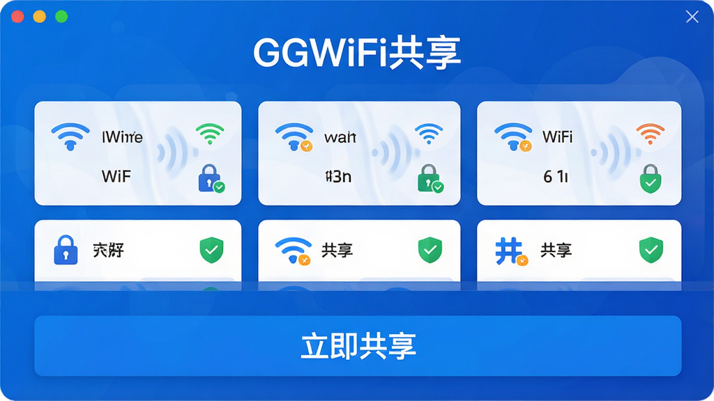 主体:GGWiFi共享软件主界面,展示WiFi列表和共享按钮,布局:界面顶部为软件名称“GGWiFi共享”,中间为多个WiFi信号卡片,底部为醒目的“立即共享”按钮,排版:卡片式布局,信号强度图标与名称清晰排列,风格:现代简约,蓝色科技感,细节:信号波纹、网络锁图标、绿色安全标识,画质:高清,干净,无多余元素