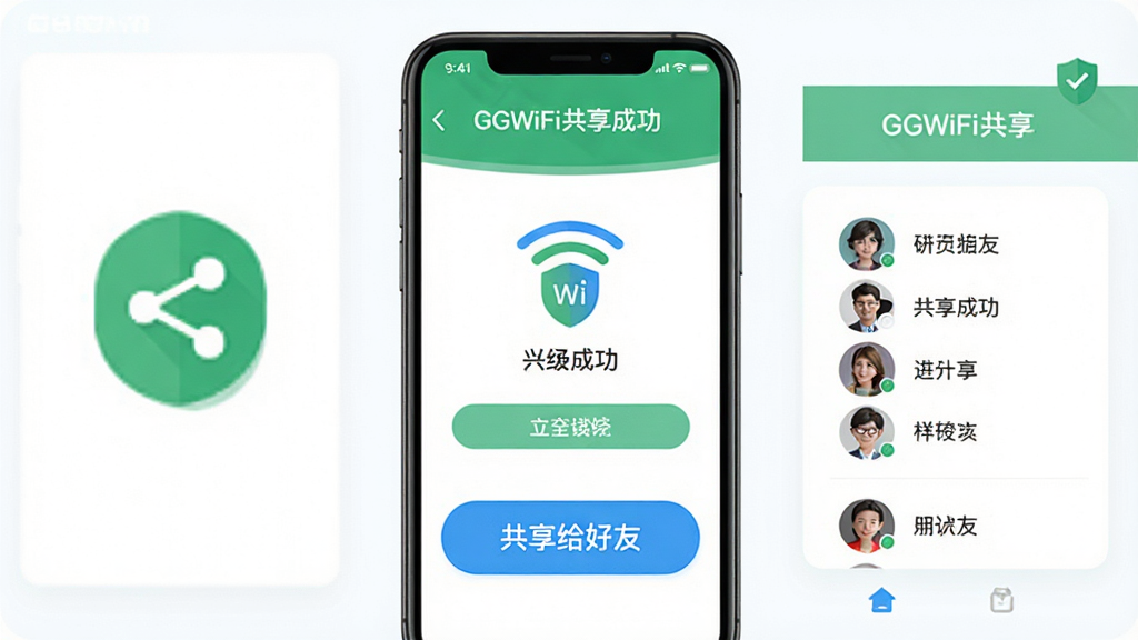 主体:GGWiFi共享一键共享操作界面,布局:中心为手机WiFi连接成功页面,下方为“共享给好友”按钮,排版:左右对称,按钮突出,风格:扁平化设计,绿蓝配色,细节:共享图标、安全盾牌、好友头像列表,画质:高清,干净,无多余元素