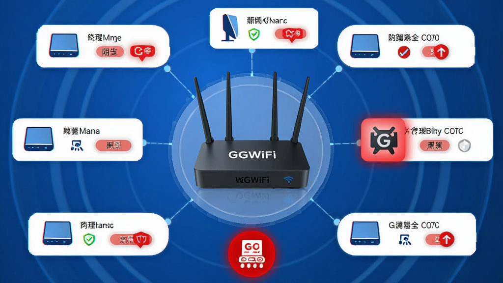 主体:GGWiFi共享防蹭网保护界面,布局:路由器为中心,周围连接多个设备图标,其中陌生设备被红色标记,排版:环形分布,清晰易读,风格:安全防护风格,蓝色与红色点缀,细节:设备名称、拉黑按钮、绿色安全提示,画质:高清,干净,无多余元素
