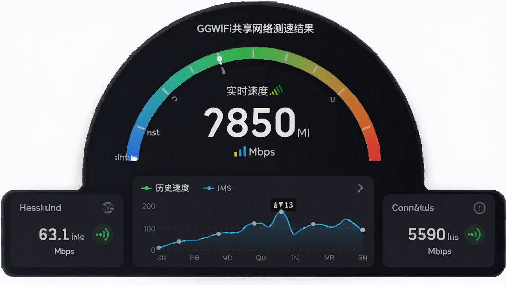 主体:GGWiFi共享网络测速结果页面,布局:半圆仪表盘显示实时速度,下方为历史速度折线图,排版:数据卡片横向排列,风格:数据可视化风格,深色背景,细节:速度数字、单位Mbps、信号强度图标,画质:高清,干净,无多余元素