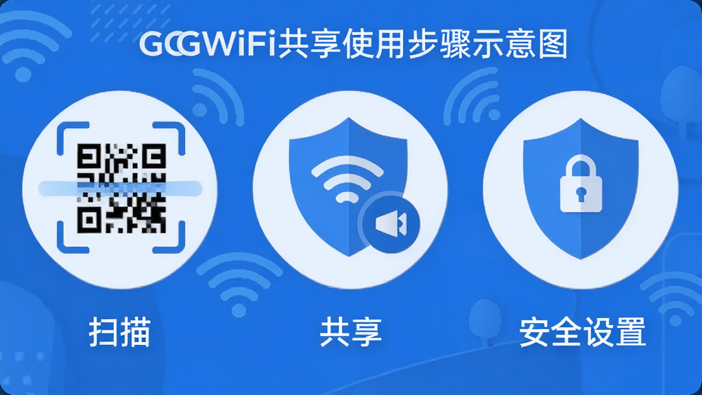 主体:GGWiFi共享使用步骤示意图,布局:三个步骤图标横向排列,第一步扫描,第二步共享,第三步安全设置,排版:图标下方配文字说明,风格:扁平化插画,蓝色系,细节:WiFi图标、二维码、盾牌,画质:高清,干净,无多余元素