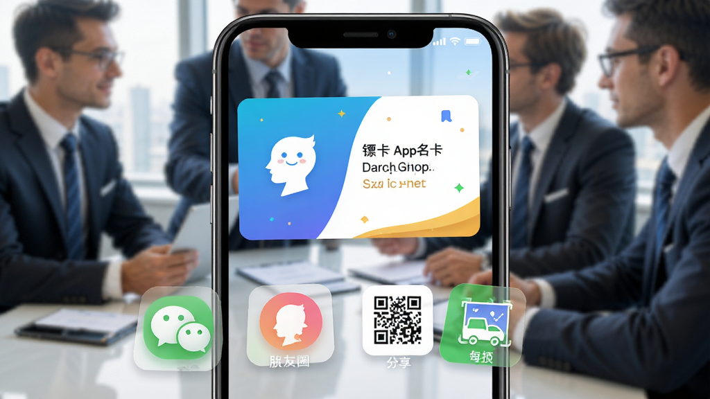 �ڿ�App��Ƭ�����������棬�ֻ���Ļչʾһ�ž����ĵ�����Ƭ�·��ж��������ťͼ�꣬����΢�š�����Ȧ����ά��ͺ���������Ϊģ��������Ǣ̸��������������ͻ����ɫ��������չʾ�������ܵĶ����ԣ���ͼ���������ʸ��壬�޶���Ԫ��