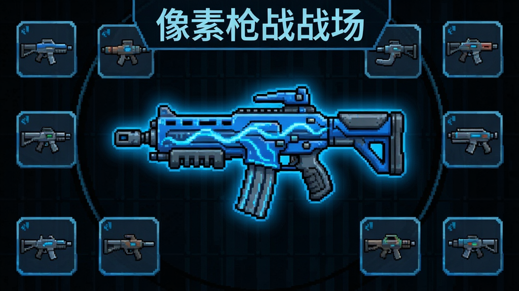 主体:《像素枪战战场》游戏内武器展示界面。布局:画面中央展示一把造型科幻的蓝色能量突击步枪,周围环绕着各种类型的小型武器图标,背景是深色科技感网格。排版:武器占据画面中心位置,周围图标以环形排列,突出主体。风格:像素风格与科技感结合,色彩以蓝、灰、黑为主,发光效果明显。细节:枪身有流动的能量光纹,细节丰富,每个武器图标都有独特外形,画面顶部有“像素枪战战场”字样。画质:高清晰度,像素方块感强,干净,无多余元素。