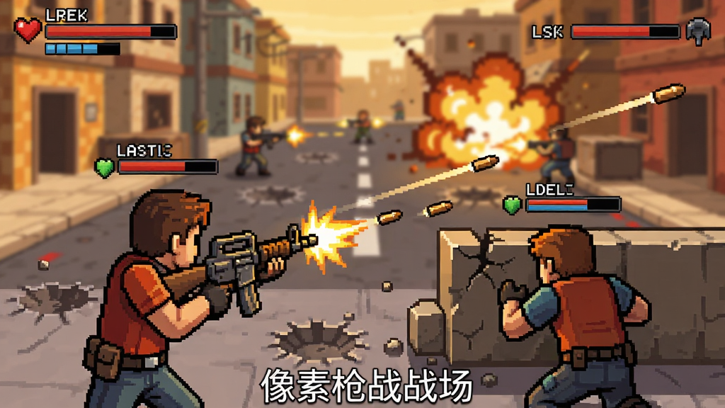 主体:《像素枪战战场》团队死亡竞赛模式的对战画面。布局:前景是两名正在交火的玩家角色,一人手持步枪射击,另一人正在掩体后躲避,背景是像素风格的街道战场和爆炸效果。排版:动态抓拍风格,主体角色位于画面下三分之二区域,背景交火场景虚化。风格:像素艺术风格,色调偏暖,突出战斗的激烈氛围。细节:子弹轨迹线清晰可见,有弹坑和碎裂的方块,双方角色头顶有血条和ID,画面底部有“像素枪战战场”水印。画质:高清晰度,动作感强,干净,无多余元素。