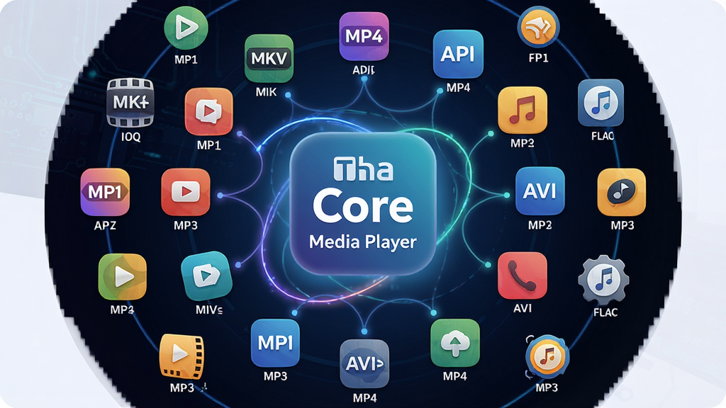 主体:The Core Media Player软件图标作为视觉中心,周围环绕着多种视频格式的彩色图标(如MKV、MP4、AVI)与音频格式图标(如FLAC、MP3);布局:采用放射状圆形排列,软件图标位于正中央,格式图标环绕其周围,背景为深色科技感渐变;排版:中心对称,形成强烈的聚焦感,格式图标有序分布,大小错落有致;风格:扁平化设计结合微质感,色彩鲜艳明快,突出软件的多样兼容性;细节:每个格式图标下方有对应的小字名称,软件图标带有微微的发光效果,边缘有流畅的光线轨迹连接各格式图标;画质:4K高清,图形边缘平滑,色彩过渡自然,背景干净无杂质,无多余元素。