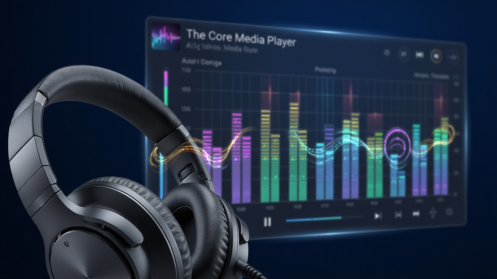 主体:一个耳机特写,旁边是The Core Media Player的音频均衡器界面,界面上的频率条随着音乐节奏起伏;布局:耳机位于画面左下角作为前景,均衡器界面作为背景主体,呈现半透明悬浮效果;排版:虚实结合,前景耳机清晰,背景界面稍显柔和,形成层次感;风格:科技感与音乐律动感结合,背景为深蓝色渐变,音频条带有霓虹光效;细节:耳机材质纹理清晰,均衡器的频率条颜色各异,带有动态光晕效果,界面显示当前播放的曲目信息;画质:高清画质,光影效果出众,色彩绚丽,画面干净无多余元素。