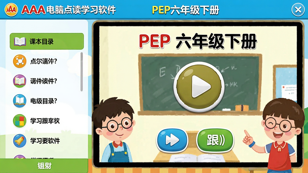 主体:AAA电脑点读学习软件PEP六年级下册界面截图,展示主菜单和学习场景。布局:左侧为课本目录列表,右侧为点读页面,包含播放按钮和跟读按钮。排版:简洁清晰,图标醒目。风格:卡通教育风格,色彩明亮。细节:界面显示“PEP六年级下册”字样,有卡通人物形象。画质:高清,干净,无多余元素。