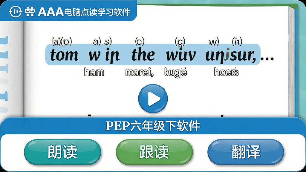 主体:AAA电脑点读学习软件PEP六年级下册的点读界面,展示一个英语句子被高亮,下方有播放按钮。布局:上半部分为课本页面样式,下半部分为控制条。排版:文字清晰,按钮大而醒目。风格:教育软件风格,配色以蓝色和白色为主。细节:句子标有音标和翻译,控制条上有“朗读”“跟读”“翻译”按钮。画质:高清,干净,无多余元素。