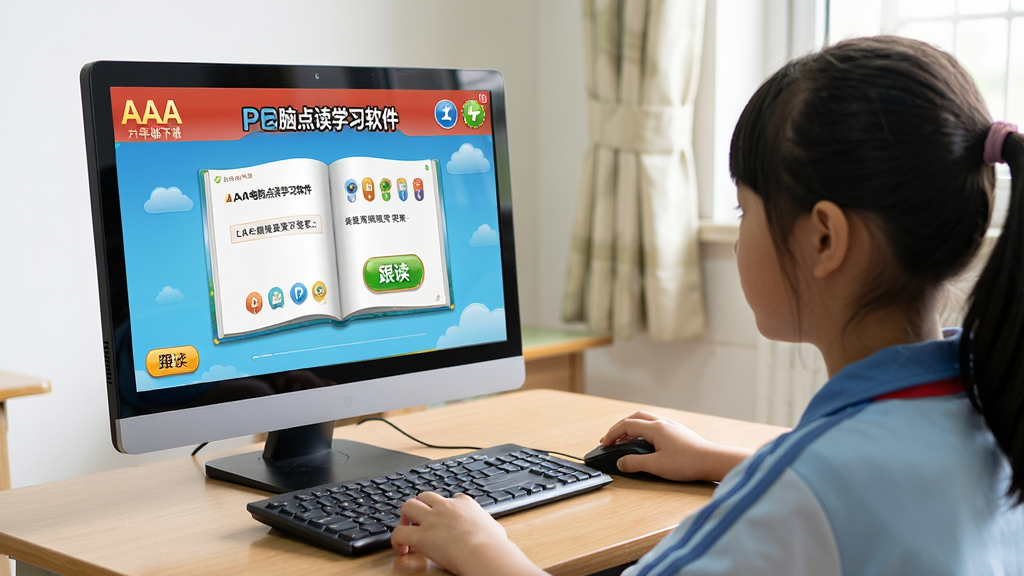主体:AAA电脑点读学习软件PEP六年级下册在电脑上运行的照片,旁边有学生使用。布局:电脑屏幕显示软件界面,学生坐在桌前。排版:真实场景,光线明亮。风格:写实摄影风格。细节:学生手持鼠标点击课本句子,屏幕上有“跟读”按钮。画质:高清,干净,无多余元素。