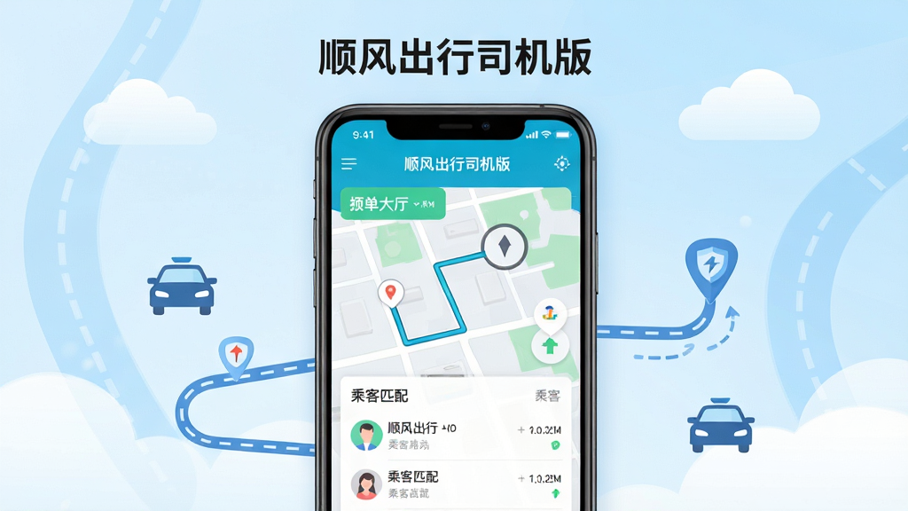 ���壺˳�����˾����APP����չʾ���ֻ���Ļ��ʾ�ӵ���������·�ߵ�ͼ�ͳ˿�ƥ���б������֣��ֻ����У���Ļ���������ɼ�����Χ�м���˳�糵ͼ���·���������Ű棺�ֻ�Ϊ�Ӿ����ģ���������ɫ���䣬�����ɫ�ƶ�͵�·Ԫ�ء�����ִ���ƽ����ɫ���������£�ͻ����˳����С�Ʒ�ơ�ϸ�ڣ���˳�����˾���桱���������ֻ��Ϸ������ʸ��壬�ɾ��޶���Ԫ�ء�
