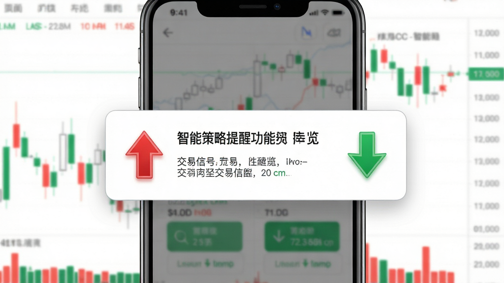 交易CC智能策略提醒功能预览,主体为手机弹出的交易信号通知横幅,背景为K线图界面,布局突出醒目,排版简洁,风格写实,细节包含红色上涨箭头和绿色下跌箭头,画质清晰,色彩鲜明,干净无多余元素