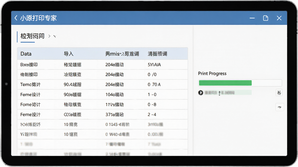 小票打印专家批量打印操作界面,表格数据导入中,旁边有打印进度条,界面直观,风格简洁,画质干净,无多余元素