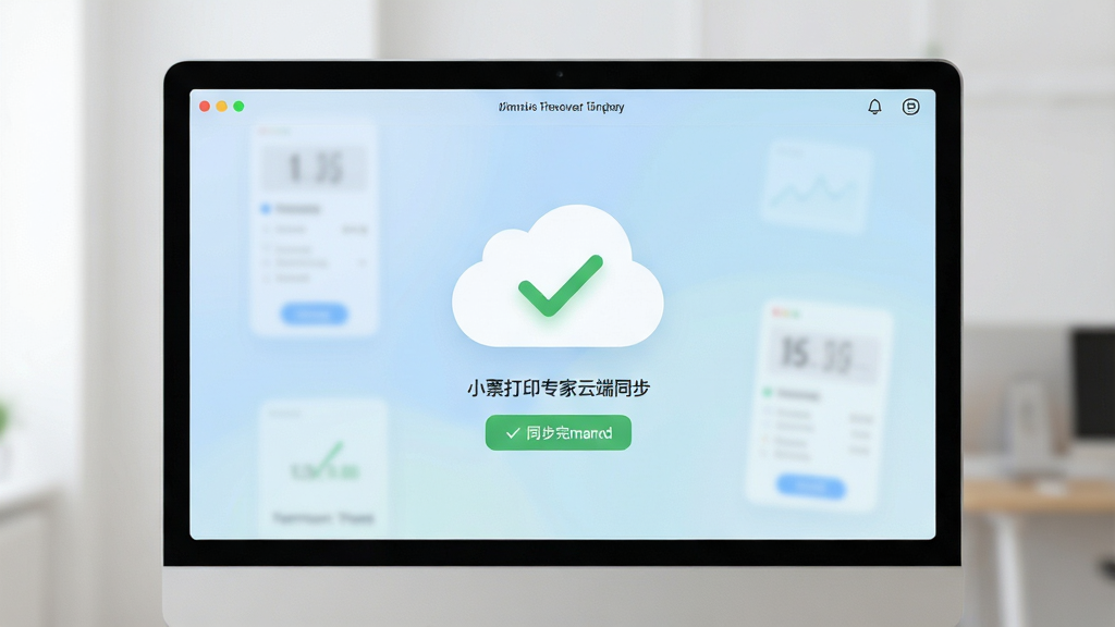 小票打印专家云端同步界面,显示同步完成状态,云朵图标与对勾,背景柔和,风格清新,画质干净,无多余元素