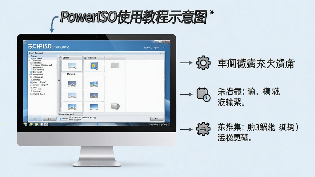 PowerISO使用教程示意图,电脑屏幕显示软件操作界面,旁边有步骤说明文字,背景为浅色,画质干净,无多余元素