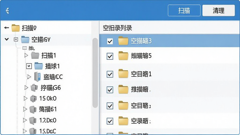 软件界面截图风格,左侧为文件夹树状列表,右侧显示扫描出的空目录列表,每行带有复选框和文件夹图标,顶部有“扫描”“清理”按钮,界面以蓝白配色为主,列表清晰,风格简洁,细节丰富,画质干净,无多余元素