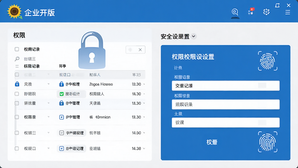 画面主体为向日葵企业版的安全管理界面,包括加密锁图标和权限设置面板,布局为左右分栏,排版简洁,风格为商务蓝白配色,细节包含日志记录列表和指纹认证图标,画质高清,干净,无多余元素。