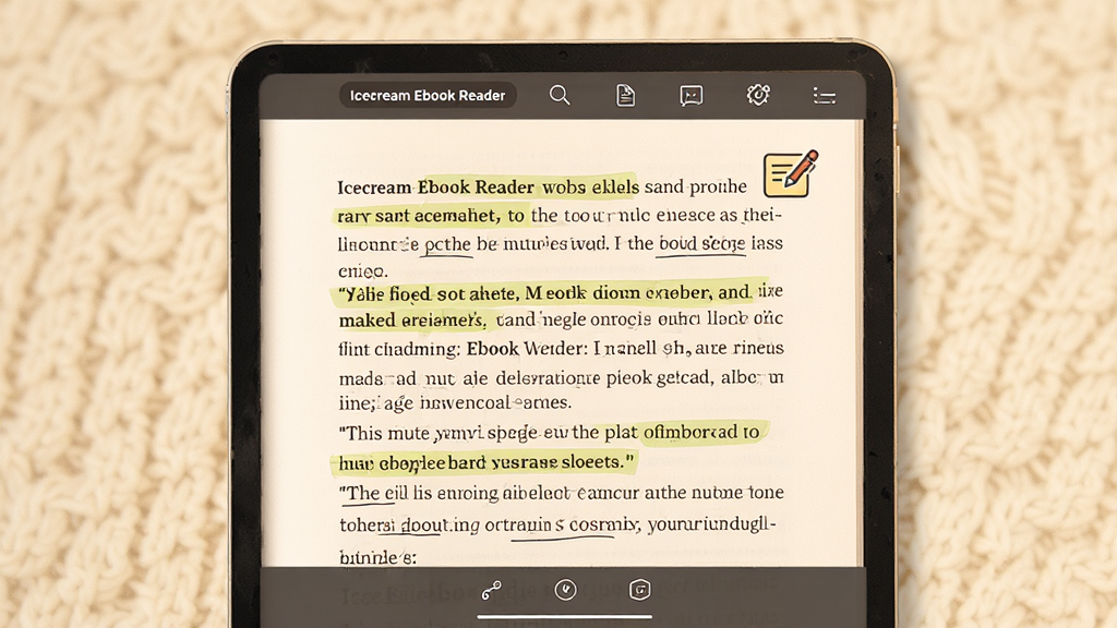 主体:Icecream Ebook Reader 阅读界面,布局:中央书籍页面,上下有简洁工具栏;排版:单页显示,文字清晰;风格:温馨的阅读环境,背景为米黄色;细节:书页上有高亮标记和笔记图标;画质:高分辨率渲染,柔和光线,干净无干扰。