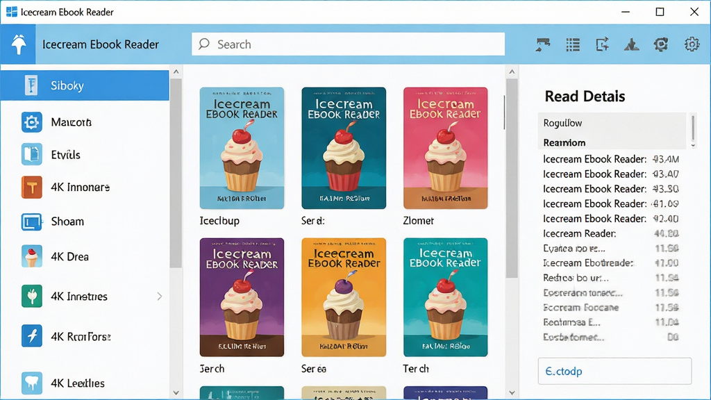 主体:Icecream Ebook Reader 软件界面展示,布局:左侧书库列表、中间书本封面网格、右侧阅读详情面板;排版:现代简洁的Windows软件窗口,顶部有搜索栏和工具栏;风格:扁平化设计,主色调为浅蓝与白色,图标清晰;细节:书籍封面色彩丰富,界面无多余元素,文字清晰;画质:4K高清渲染,干净整洁,无多余元素。