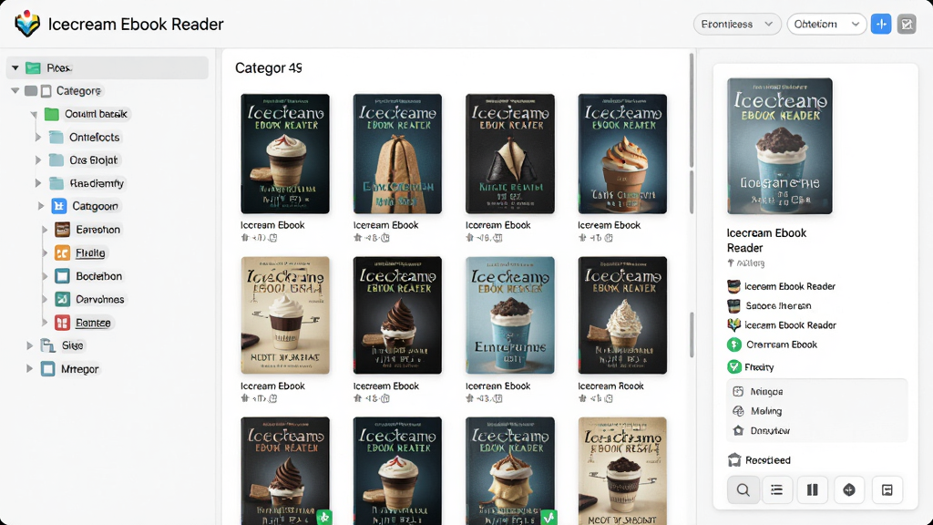 主体:Icecream Ebook Reader 书库管理界面,布局:左侧分类树、中间书籍封面墙、右侧书籍详情卡片;排版:网格状排列,顶部有排序选项;风格:浅色商务风格,封面清晰;细节:展示多种书籍封面,分类标签醒目;画质:高清渲染,干净整洁。
