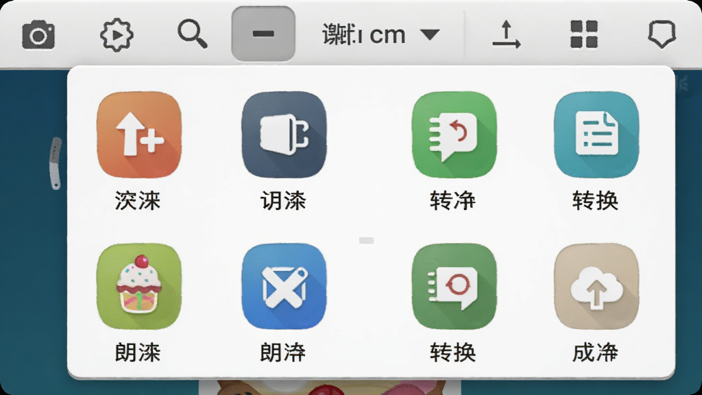 主体:Icecream Ebook Reader 工具菜单展开,布局:顶部工具栏下拉菜单,展示截图、朗读、转换等图标;排版:图标排列整齐;风格:简洁的图标风格;细节:每个图标下方有中文标签;画质:高清渲染,色彩鲜明,干净无多余元素。
