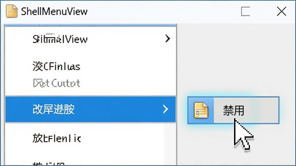 展示ShellMenuView中选中一个菜单项后,点击“禁用”按钮的操作过程,按钮图标高亮,鼠标指针指向该按钮,界面中菜单项名称清晰可见,整体风格简洁,软件名称“ShellMenuView”在标题栏,画面干净,无多余元素。