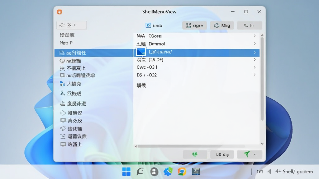 展示ShellMenuView在Windows 11系统上运行的截图,界面中菜单项列表清晰,一个菜单项被选中,按钮状态明显,背景是Windows 11的浅色壁纸,整体画面干净,软件名称“ShellMenuView”在窗口标题栏,画质清晰。