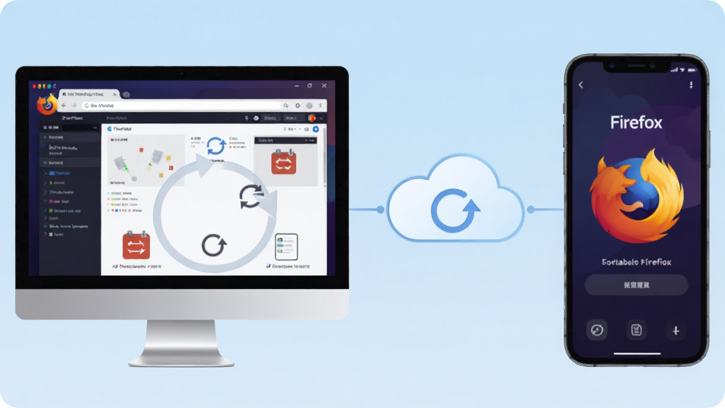 Portable Firefox 浏览器在电脑和手机之间同步数据的示意图,左侧为电脑屏幕显示Firefox界面,右侧为手机屏幕显示Firefox界面,中间通过云朵图标连接,背景为浅蓝色渐变,风格为现代科技感,布局左右对称,排版清晰,细节展示同步图标,画质干净,无多余元素。
