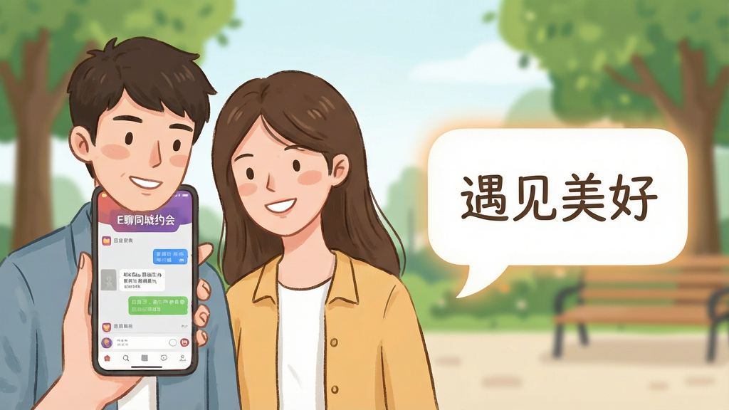 主体为一张现代风格的生活场景插画,画面左侧是一位拿着手机微笑的年轻男女,手机屏幕上显示着“E聊同城约会”的聊天界面。布局:人物位于画面左侧三分之二处,右侧是对话气泡形状的留白区域,气泡内写着“遇见美好”。排版:人物背后是模糊的公园背景,有绿树和长椅。风格:清新手绘风,色彩柔和温暖。细节:手机界面清晰可辨,气泡边缘有淡淡的光晕。画质:干净,无多余元素。