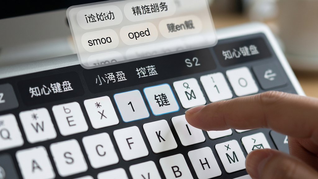 特写“知心键盘”输入界面,手指正在点击屏幕上的候选词,键盘上方浮现出精准的联想词汇列表,背景虚化处理,突出键盘区和候选词,布局清晰,风格写实,细节丰富,画质高清,干净无多余元素