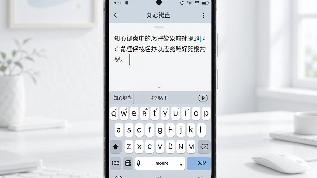 一张高清产品展示图,主体为运行在安卓手机屏幕上的“知心键盘”输入法界面,键盘采用浅色系圆润风格,屏幕上显示一段流畅的中文输入文字,周围环境简洁明亮,布局以手机居中,突出键盘细节,排版干净,风格现代科技感,画质清晰细腻,无多余元素
