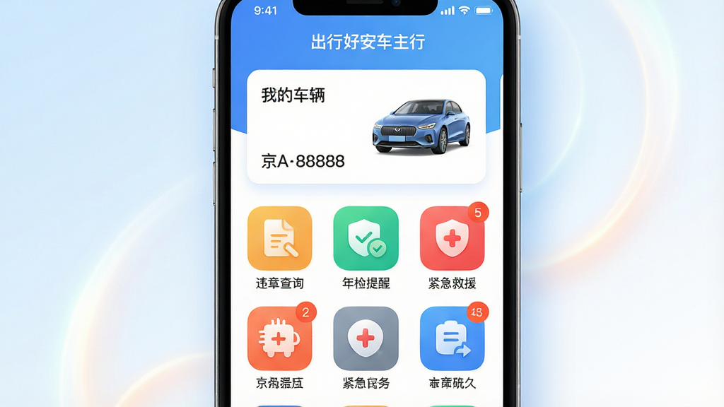 主体:智能手机屏幕展示“出行好安车主行”APP主界面,界面顶部显示“我的车辆”卡片,下方排列“违章查询”“年检提醒”“紧急救援”等彩色功能图标。布局:手机居中,屏幕内容清晰可见,周围有柔和的光影效果,背景为简洁的渐变色(浅蓝到白色)。排版:APP界面采用网格布局,图标圆角化,文字标签清晰。风格:现代扁平化设计,色彩明亮,科技感十足,干净整洁。细节:屏幕中显示车辆信息“京A88888”,功能图标带有小角标提示数字。画质:超高清渲染,细腻光滑,干净,无多余元素。