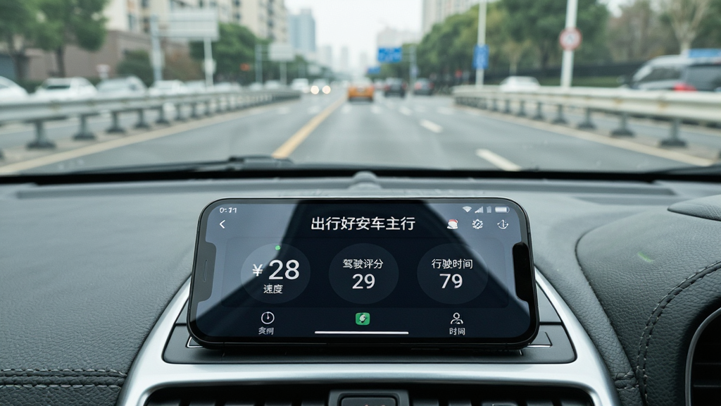主体:一部智能手机放在车内中控台上,屏幕显示“出行好安车主行”的驾驶监测界面,背景是挡风玻璃外的城市道路。布局:手机位于画面下方三分之一处,上方为道路景观,构图稳定。排版:界面显示实时速度、驾驶评分、行驶时间,字体清晰易读。风格:纪实摄影风格,自然光,色彩真实。细节:手机屏幕有防反射涂层,画面无眩光。画质:高清,干净,无多余元素。