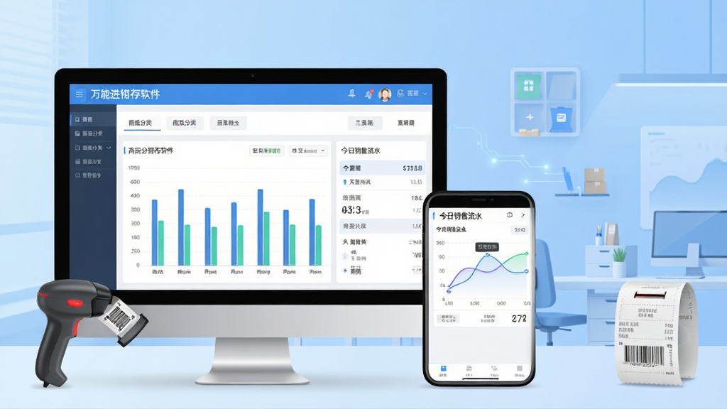 图片主体为“万能进销存软件”在电脑与手机双端同步操作的管理界面,左侧是清晰的商品分类与库存数量柱状图,右侧是今日销售流水与利润曲线,背景为简约的浅蓝渐变科技感办公环境,整体布局扁平化,排版整齐,风格现代,细节展示数据看板、扫码枪与打印小票,画质高清干净,无多余元素。