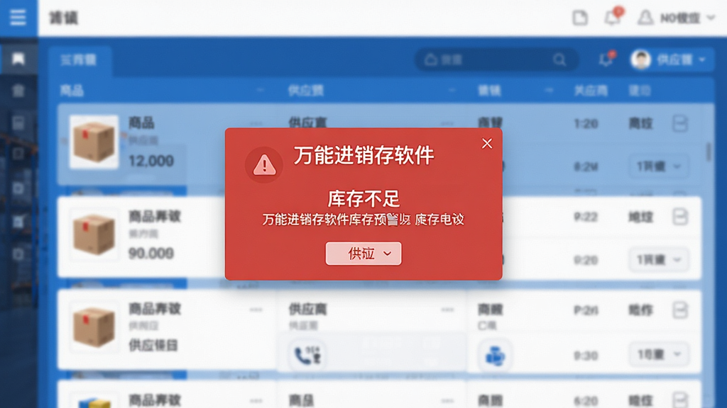 图片主体为“万能进销存软件”库存预警界面特写,界面中央是一个红色的库存不足弹窗提醒,背景虚化处理展示多个仓库的库存列表,布局以蓝色调数据仪表盘为主,排版采用卡片式设计,风格简洁商务,细节包括商品缩略图、供应商电话图标,画质清晰干净,无多余元素。