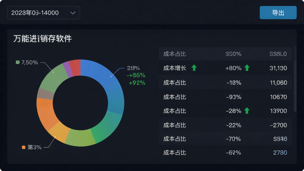图片主体为“万能进销存软件”的销售利润报表页面,展示彩色环形图与数据列表,顶部有日期选择器与导出按钮,背景为深色驾驶舱风格数据大屏,布局合理,排版专业商务,细节显示同比增长率绿色箭头与成本占比,画质高清,干净无多余元素。