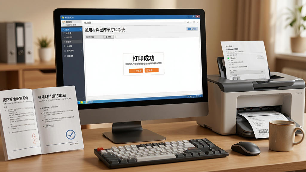 主体:一张电脑桌面上运行着通用材料出库单打印系统,旁边放着一本使用手册和一杯咖啡。布局:电脑屏幕显示软件界面,键盘和鼠标在前景。排版:屏幕上的软件清晰可见,使用手册摊开在左侧。风格:写实、温馨、办公场景。细节:屏幕上的软件界面显示“打印成功”提示,打印机正在输出单据。画质:高清、干净、无多余元素。
