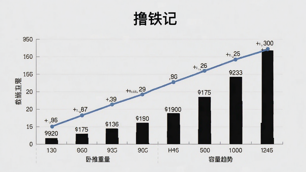 一张展示“撸铁记”数据统计图表的图片,主体为折线图和柱状图,展示卧推重量和容量的变化趋势,布局居中,风格简约现代,细节有坐标轴和数据点标注,背景为浅灰色,画质清晰,无多余元素