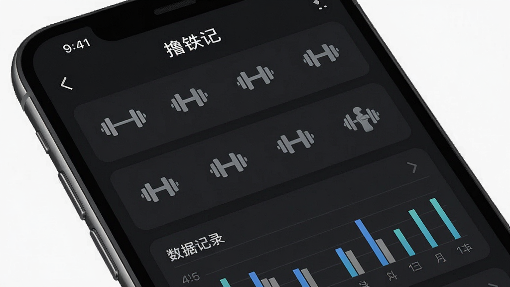 一张展示“撸铁记”App主界面的高清手机截图,主体为一部手机屏幕特写,屏幕内显示训练记录列表、动作图标和数据统计图表,布局清晰有序,采用深色运动风格UI,细节包含杠铃、哑铃等图标,画质细腻干净,无多余元素