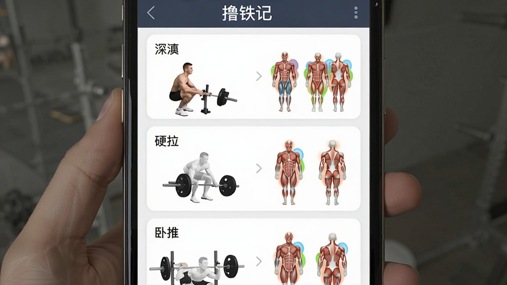 一张“撸铁记”动作库列表的界面截图,主体为手机屏幕,展示深蹲、硬拉、卧推等动作的卡片列表,每个卡片有动作名称和肌肉示意图,布局为上下滚动列表,风格扁平化,细节有肌肉高亮显示,画质干净无多余元素