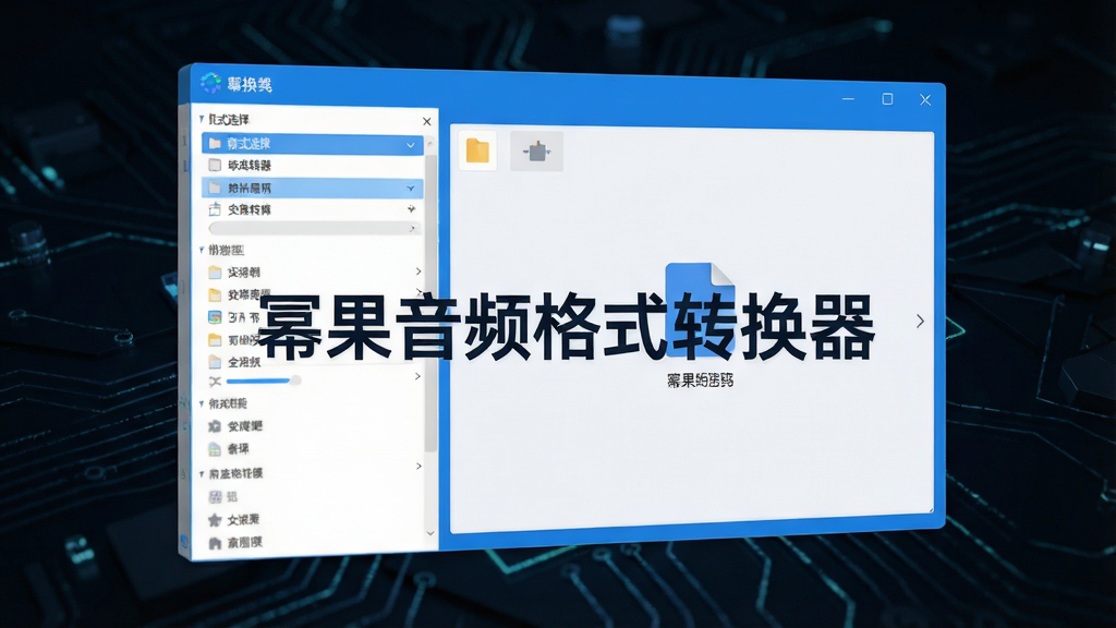 高清数字渲染的软件主界面悬浮在深色科技感背景之上,界面布局清晰,左侧为格式选择列表,右侧为文件拖拽区域,界面主色调为科技蓝与白色搭配,整体风格扁平化设计,画面中心显示软件名称“幂果音频格式转换器”字样,细节丰富,画质干净,无多余元素
