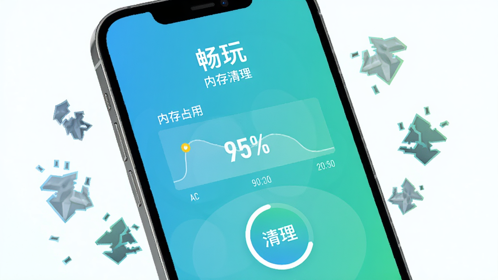 手机屏幕展示“畅玩”内存清理页面,界面中有内存占用百分比图表和圆形清理按钮,背景为清爽的渐变蓝绿色,周围漂浮着碎片状垃圾图标,整体风格简洁明快,突出清理效果,高清渲染,画质干净,无多余元素