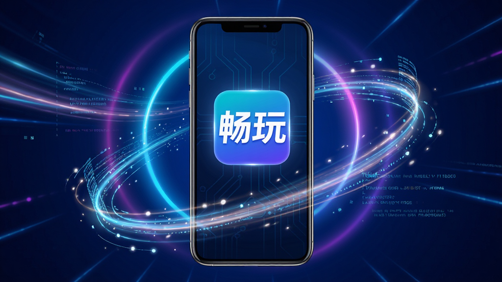 画面中央展示一个炫酷的智能手机,屏幕中显示“畅玩”APP的启动界面,界面风格科技感十足,周围环绕着高速流动的光效和数据线条,背景为深蓝色调搭配霓虹光晕,整体布局简洁大气,突出软件核心全貌,高清渲染,画质干净,无多余元素